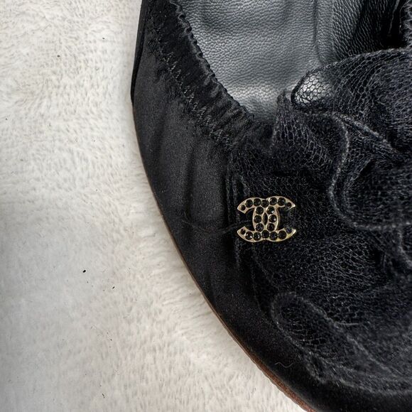 Chanel Shoes Vintage Satin CC Tulle Rosette 80s Cocktail Party Pumps 36 Black - Picture 4 of 13